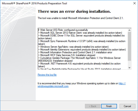 Unable to install Microsoft Information Protection and control Client Error SharePoint 2016